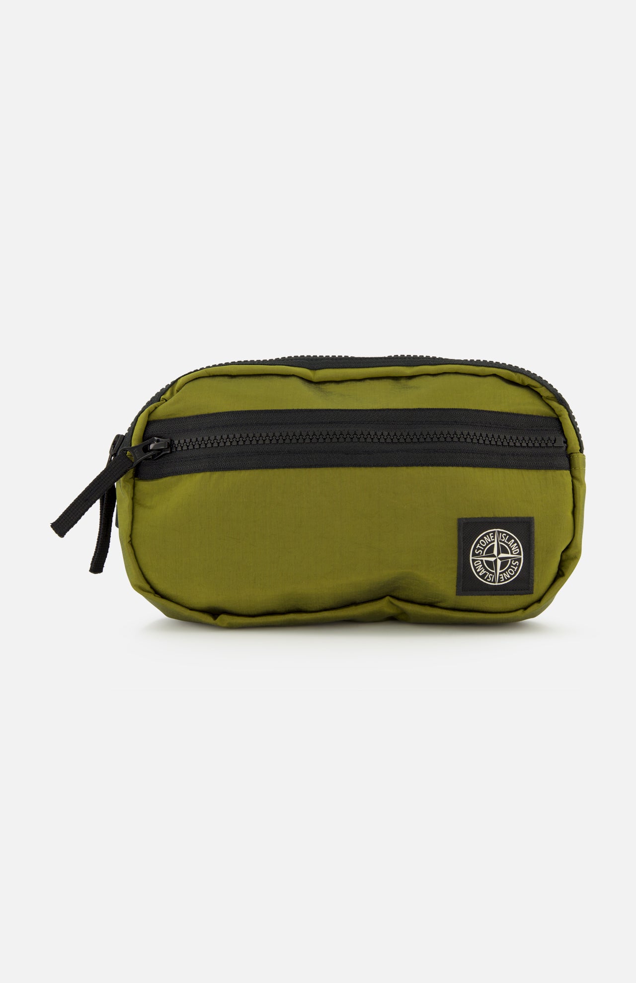 Introducing the STONE ISLAND Coated Nylon Belt Bag—a compact olive green pouch made from coated nylon, detailed with a black zipper, pull tab, and the signature black compass logo patch on the front. This accessory adds a subtle touch of streetwear style inspired by STONE ISLAND’s iconic design.