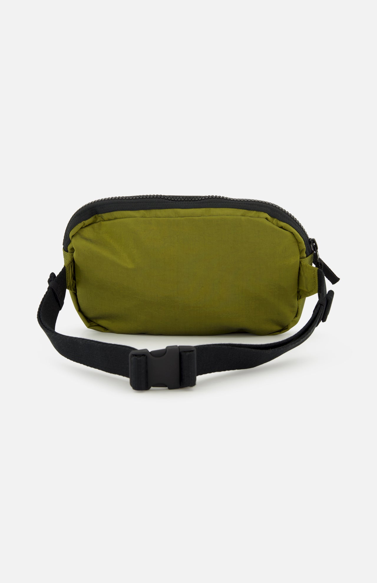 The STONE ISLAND Coated Nylon Belt Bag is crafted from durable coated nylon and features a black adjustable strap with a plastic buckle. Displayed against a plain white background, this bag offers a minimalist design with a top zipper closure, making it the perfect complement to any streetwear outfit.
