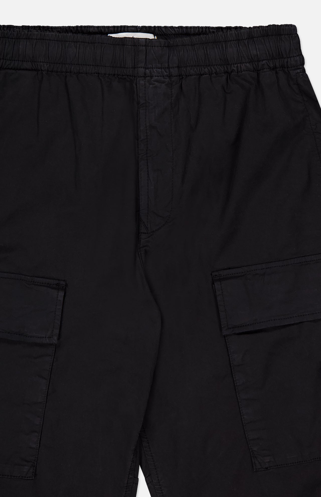 Close-up of STONE ISLAND Drawstring Cargo Trouser Pant in black, featuring an elastic waistband and two large flap pockets on each thigh, shown against a white background.