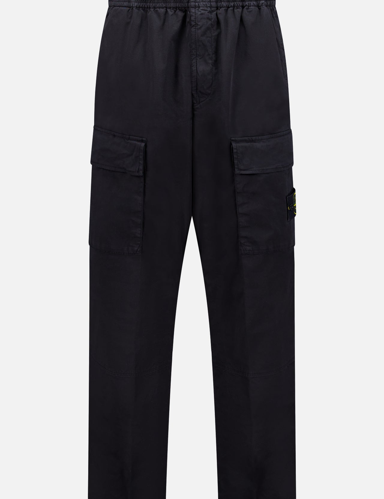 The STONE ISLAND Drawstring Cargo Trouser Pant features an elastic waistband, two large side pockets, and a relaxed fit, shown here in black against a plain white background.