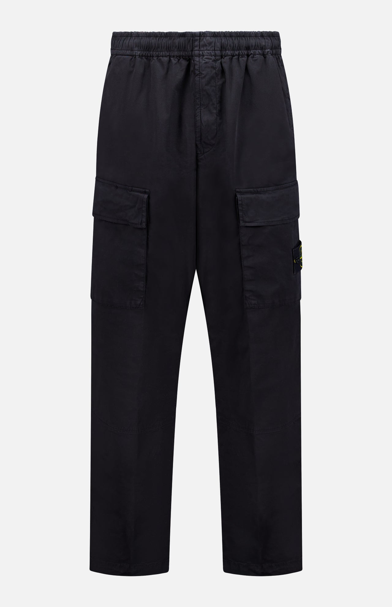 The STONE ISLAND Drawstring Cargo Trouser Pant features an elastic waistband, two large side pockets, and a relaxed fit, shown here in black against a plain white background.