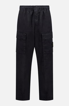 The STONE ISLAND Drawstring Cargo Trouser Pant features an elastic waistband, two large side pockets, and a relaxed fit, shown here in black against a plain white background.