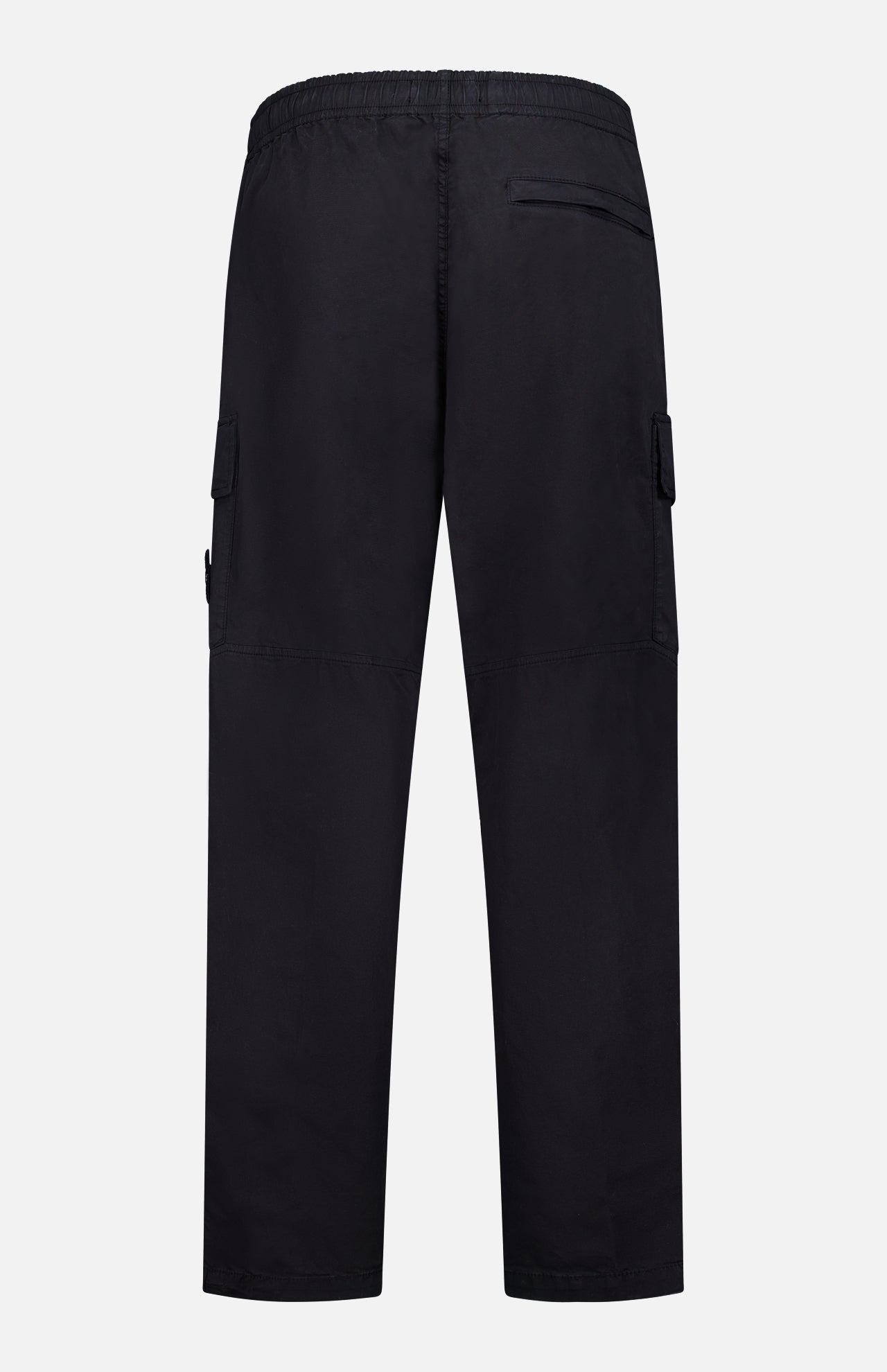 Back view of the STONE ISLAND Drawstring Cargo Trouser Pant in black, featuring an elastic waistband, two side cargo pockets, and a single back pocket, shown against a plain white background.