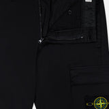 STONE ISLAND Cotton Stretch Cargo Trouser Pants with a zipper and button fly, featuring a side pocket adorned with a visible Stone Island logo patch. The waistband is detailed with inner branding, making these trousers an essential addition to any streetwear collection.