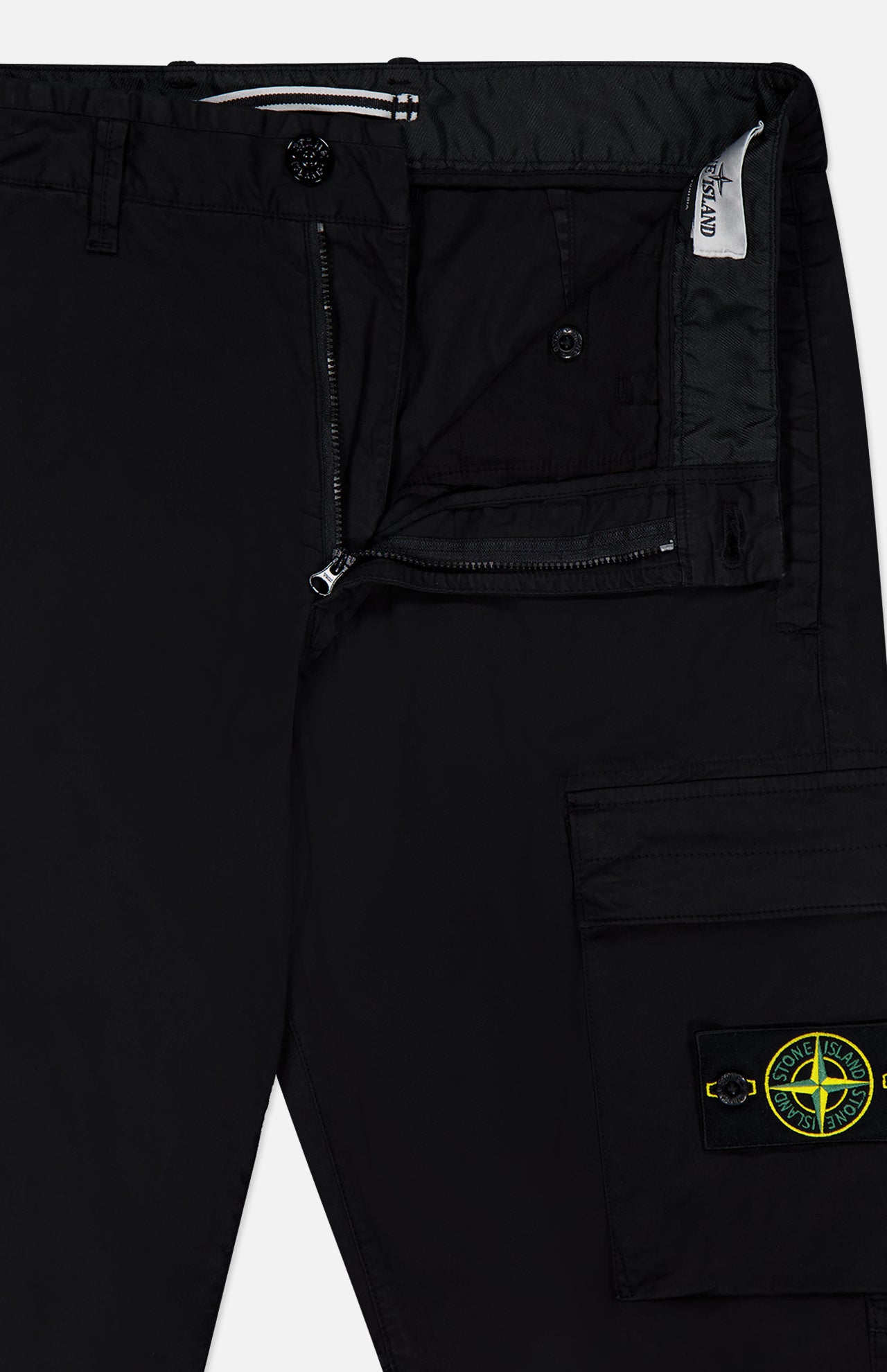 STONE ISLAND Cotton Stretch Cargo Trouser Pants with a zipper and button fly, featuring a side pocket adorned with a visible Stone Island logo patch. The waistband is detailed with inner branding, making these trousers an essential addition to any streetwear collection.