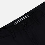 Close-up of the waistband and upper section of the STONE ISLAND Cotton Stretch Cargo Trouser Pants, showcasing a visible button, belt loops, and a white-striped tag on the inner waistband—a subtle nod to streetwear influences characteristic of Stone Island design.