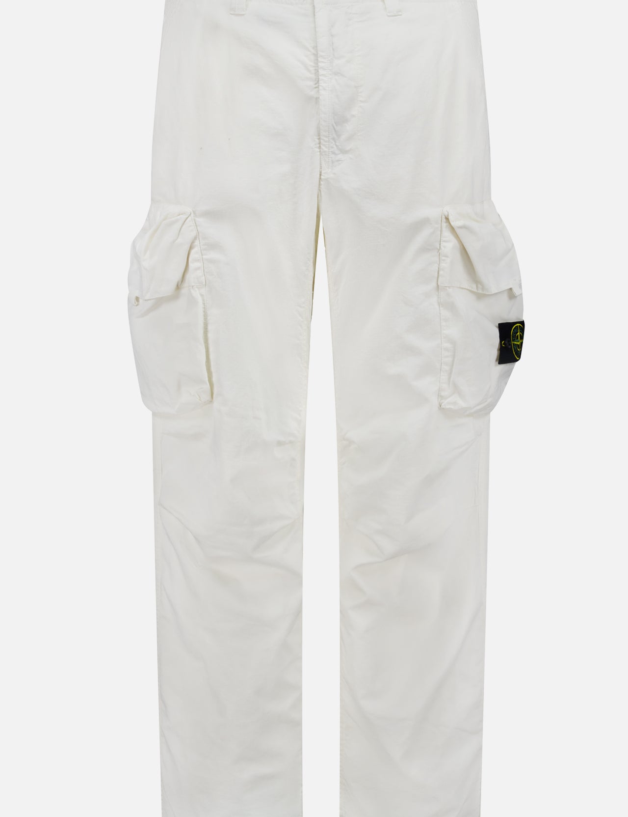 STONE ISLAND Cargo Trousers featuring large side pockets, button and zip closure, and a signature black patch with yellow-green emblem on the left pocket, shown against a plain white background—ideal for upgrading your sportswear look.