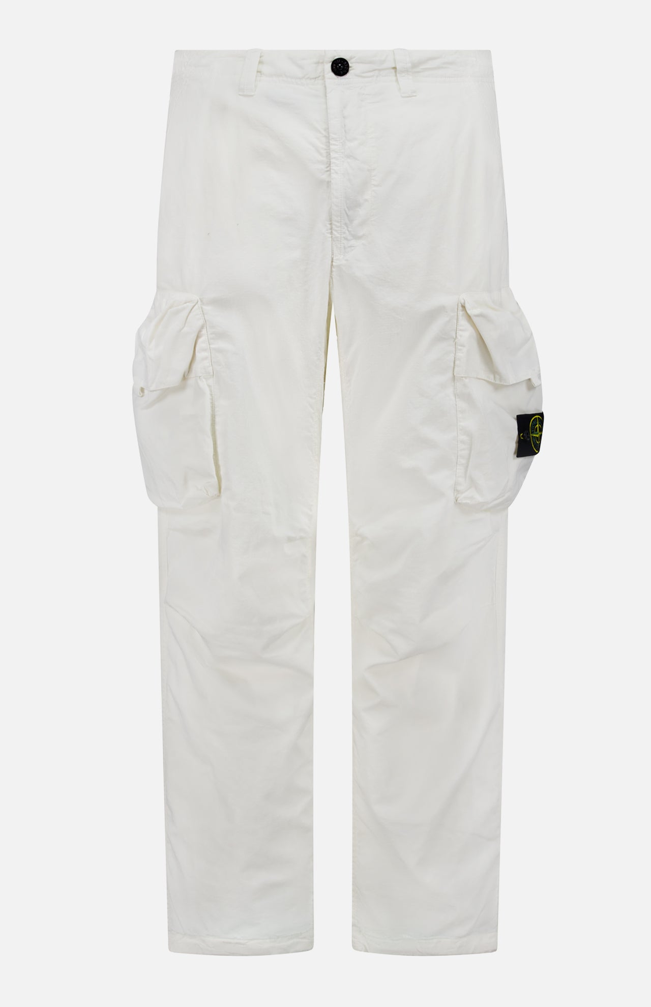 STONE ISLAND Cargo Trousers featuring large side pockets, button and zip closure, and a signature black patch with yellow-green emblem on the left pocket, shown against a plain white background—ideal for upgrading your sportswear look.