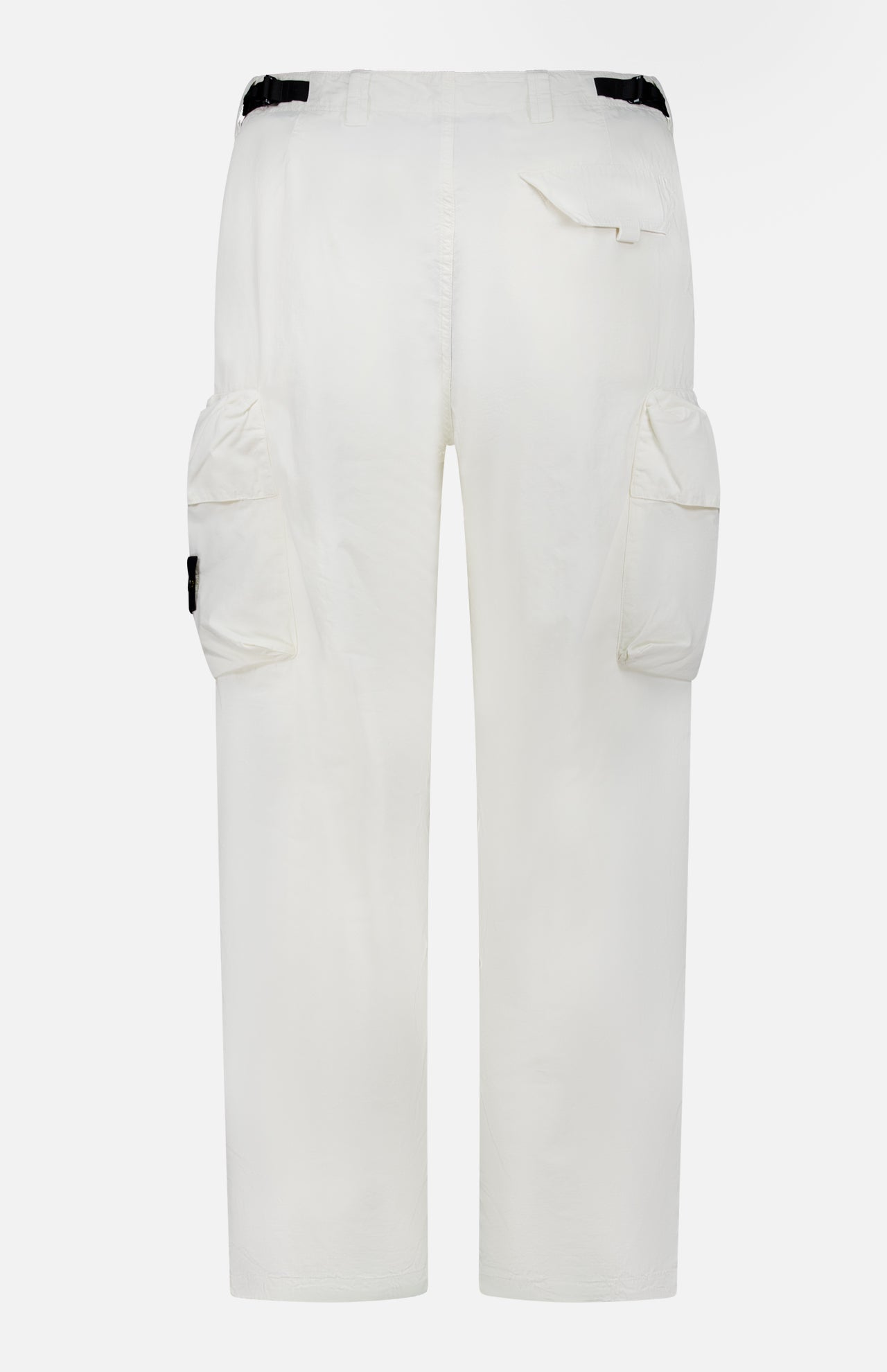 STONE ISLAND Cargo Trousers feature wide legs, large thigh pockets, a small right flap pocket, and black buckles at the waistband. Inspired by classic STONE ISLAND design, they are shown against a plain white background.