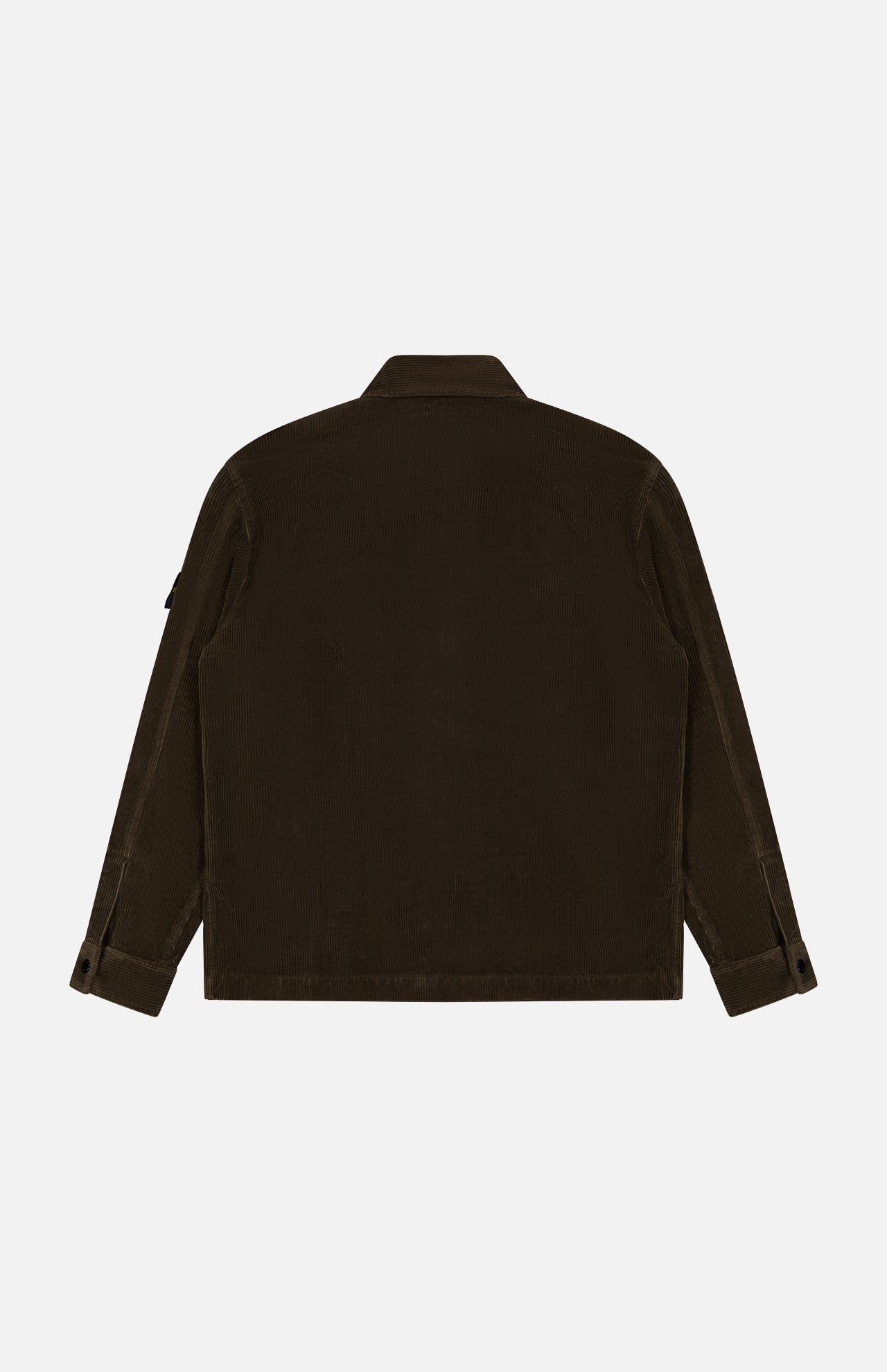 Back view of the STONE ISLAND Corduroy Chest Pocket Overshirt in dark brown, featuring long sleeves, buttoned cuffs, and a simple collar, shown against a plain white background.