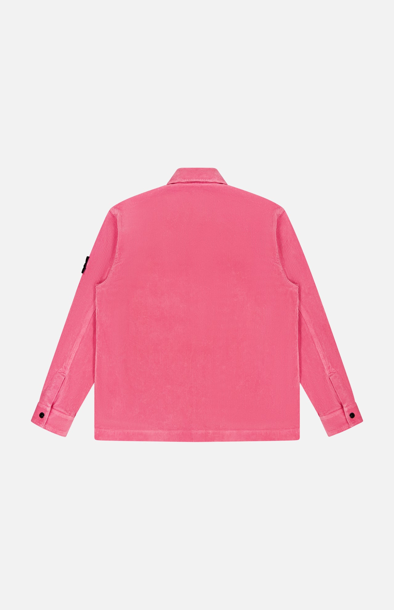 The STONE ISLAND Corduroy Chest Pocket Overshirt in bright pink is shown from the back, featuring a classic collar, long sleeves with buttoned cuffs, and an upper left sleeve patch against a plain white background.