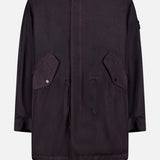 Dark purple STONE ISLAND Double Layer Long Parka Coat with front flap pockets, button closures, and waist/hem drawstrings. Features a bright green lining with detachable down-filled liner. Shown on a plain white background.