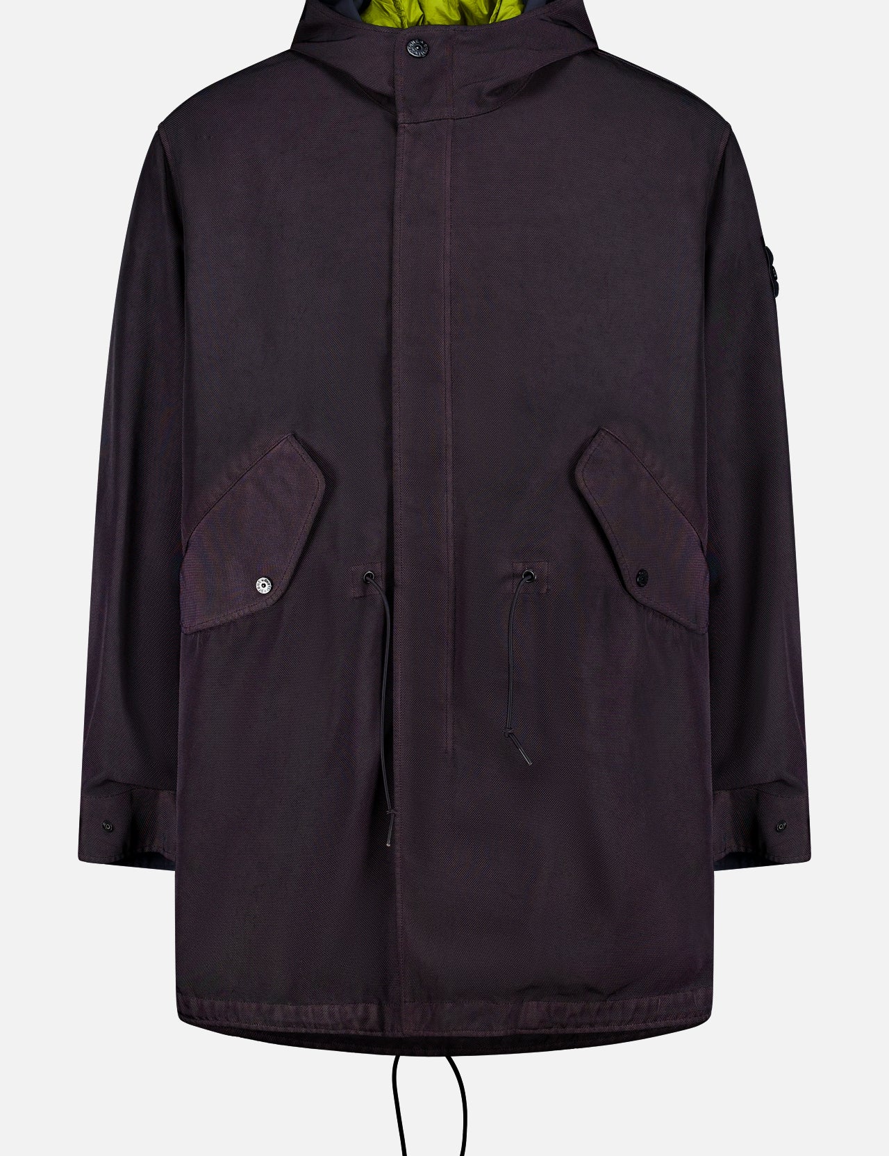 Dark purple STONE ISLAND Double Layer Long Parka Coat with front flap pockets, button closures, and waist/hem drawstrings. Features a bright green lining with detachable down-filled liner. Shown on a plain white background.