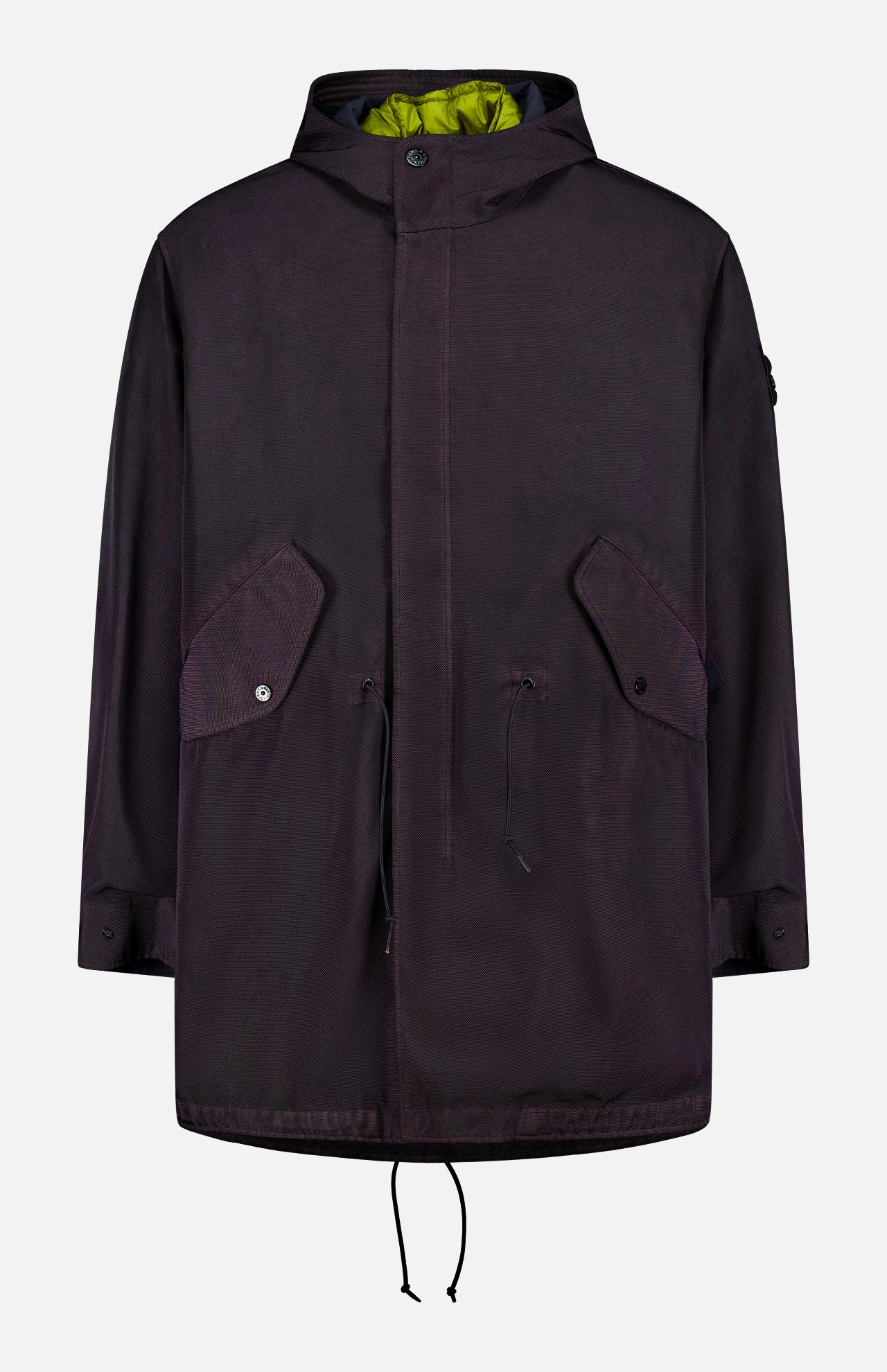 Dark purple STONE ISLAND Double Layer Long Parka Coat with front flap pockets, button closures, and waist/hem drawstrings. Features a bright green lining with detachable down-filled liner. Shown on a plain white background.