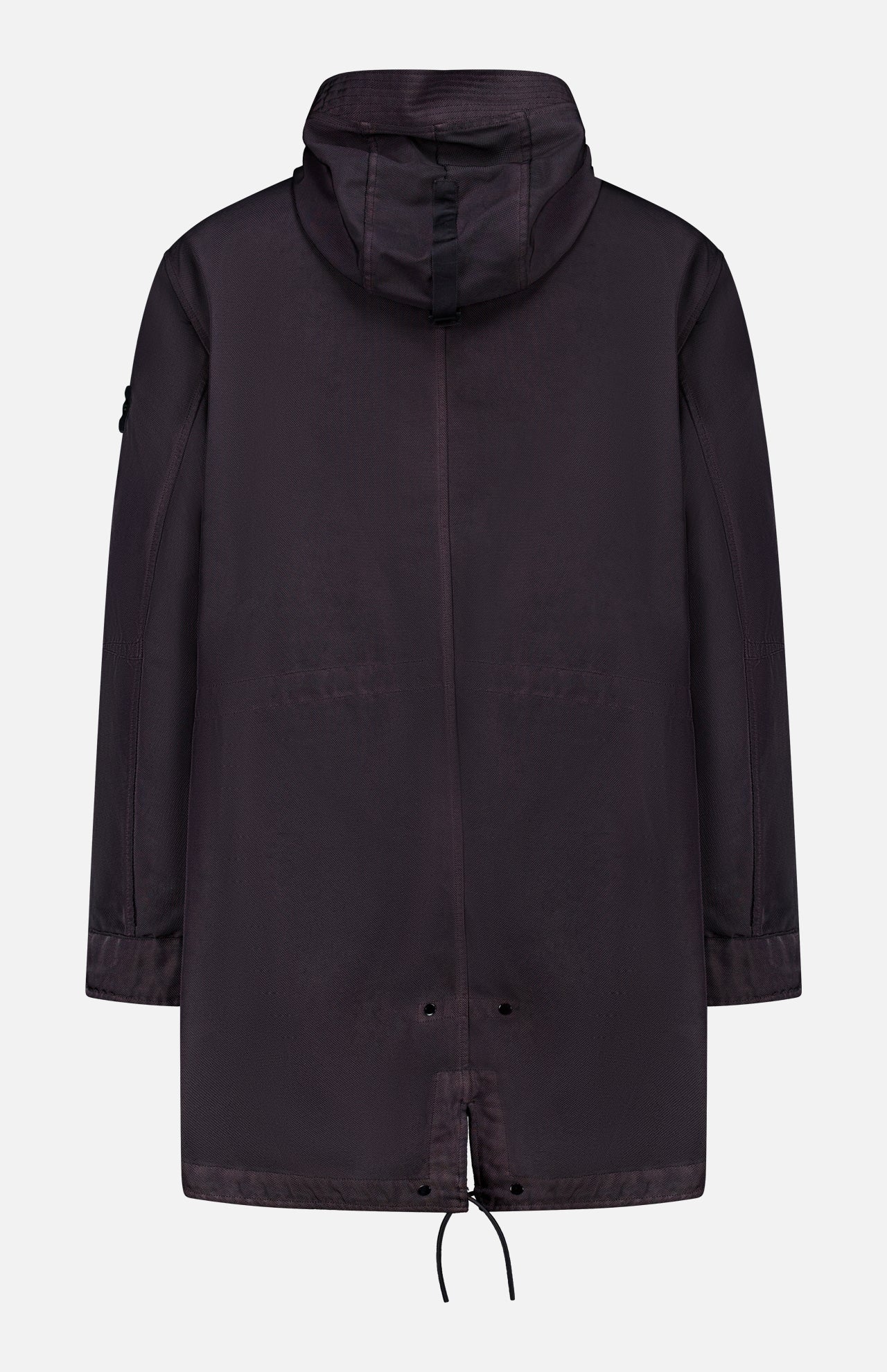A dark Double Layer Long Parka Coat by STONE ISLAND is shown from the back, with long sleeves, drawstring hem, relaxed fit, and a detachable down-filled liner for versatility.