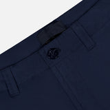 Close-up of the waistband and upper front of STONE ISLAND Ghost Cargo Trouser Pants in navy, featuring button closure, belt loops, and precise stitching, all set against a light background.