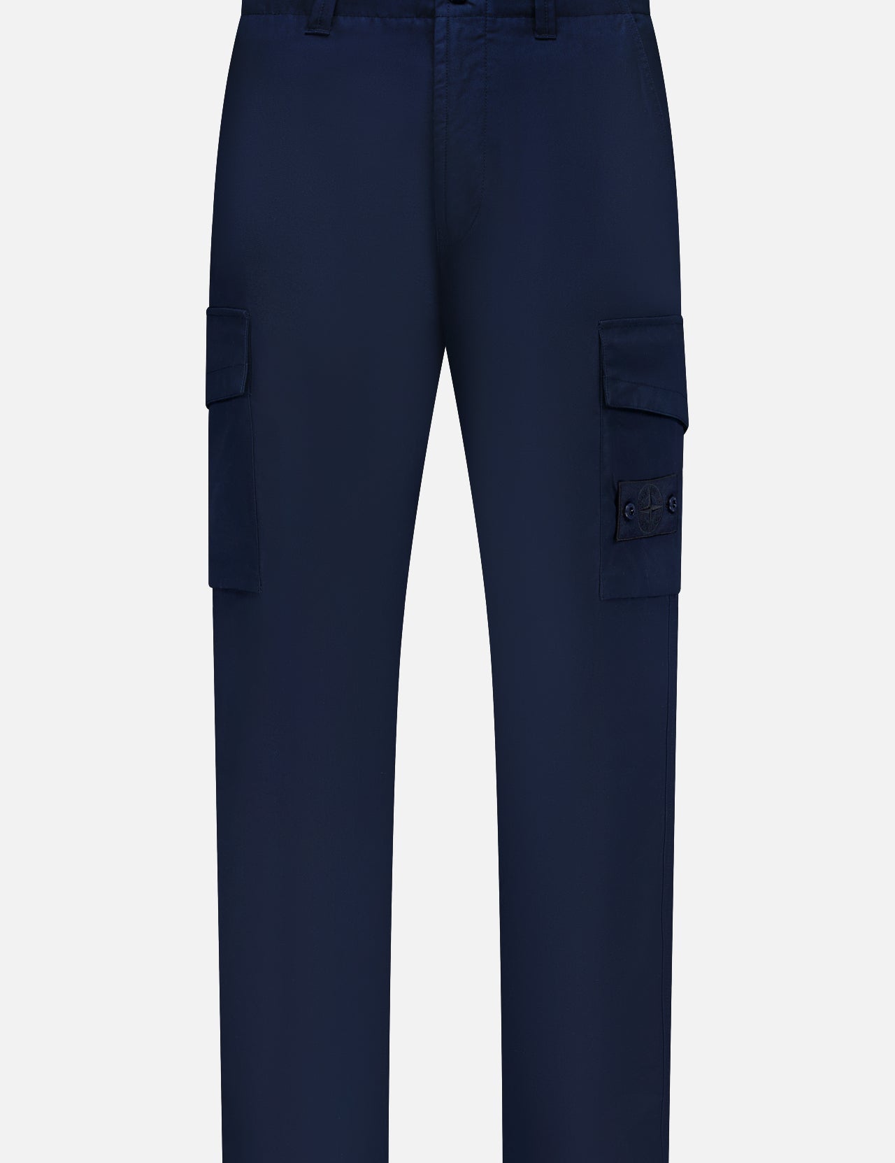 STONE ISLAND Ghost Cargo Trouser Pants in navy blue, featuring two side cargo pockets and belt loops—a stylish upgrade for any men’s sportswear collection. Displayed on a plain white background.