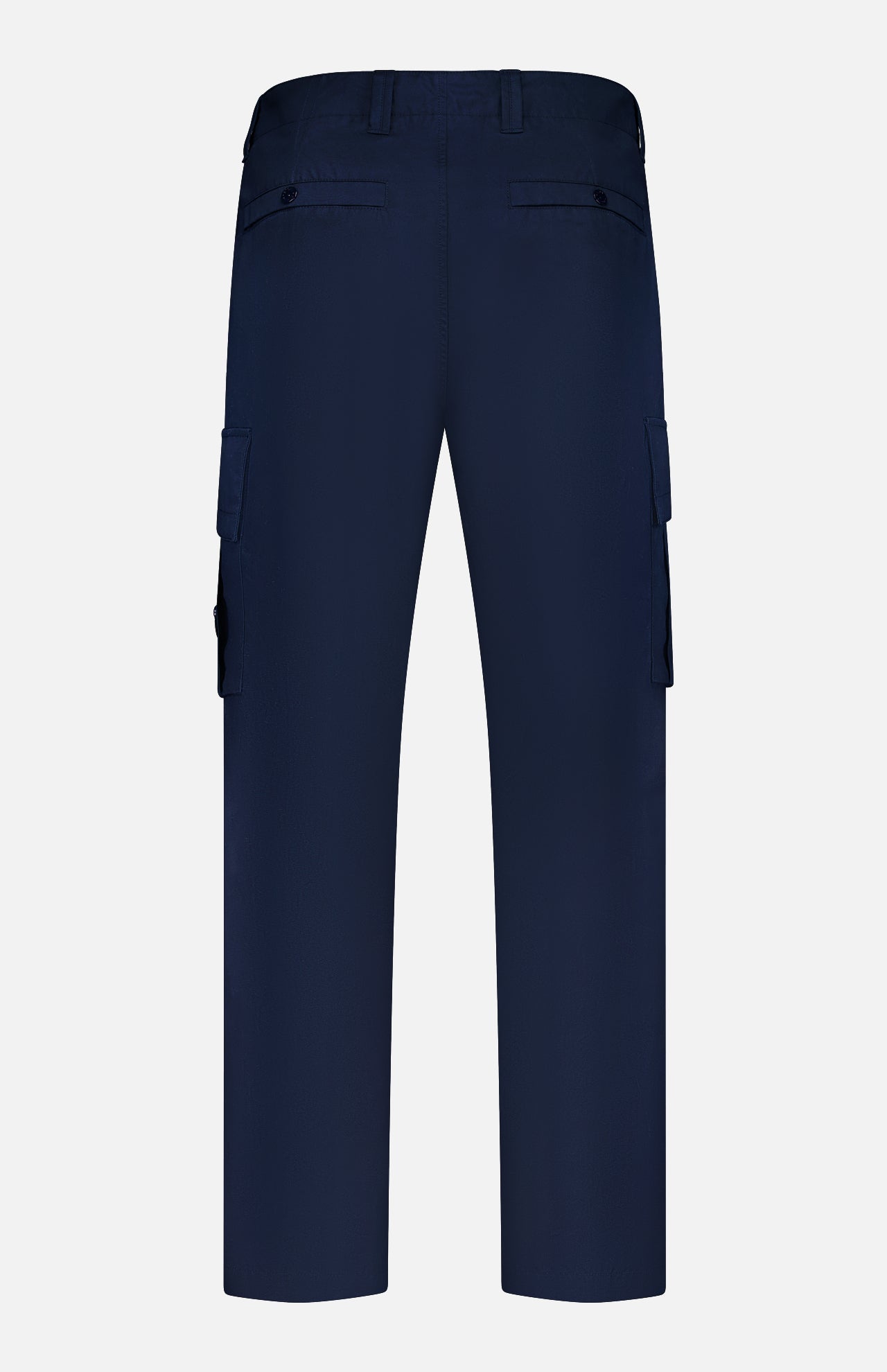 Back view of STONE ISLAND Ghost Cargo Trouser Pants in navy with belt loops, dual back flap pockets, and side cargo pockets. Stylish men's sportswear displayed against a plain white background.