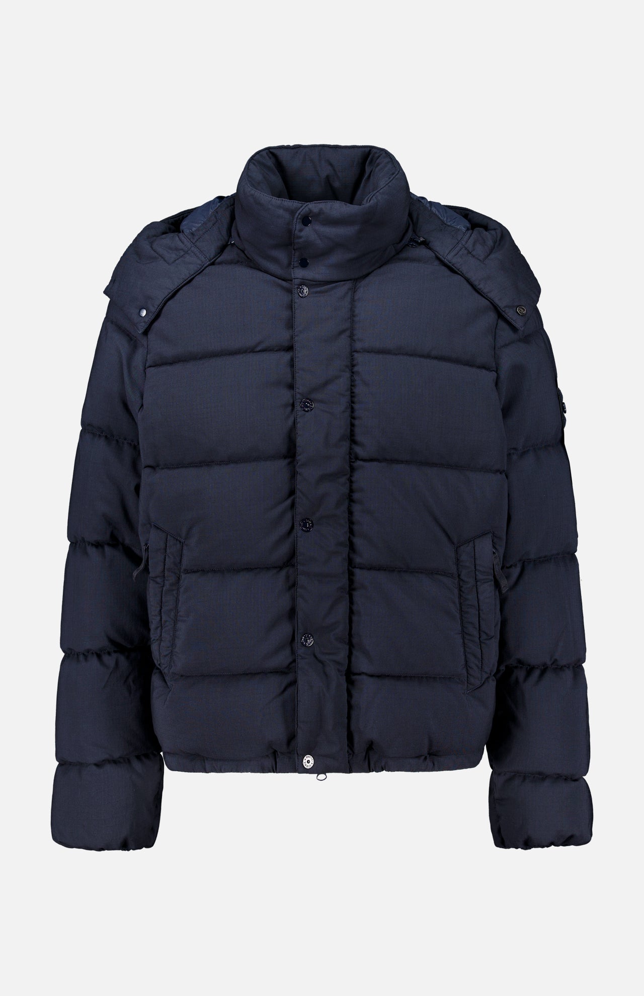 Dark navy Stone Island Ghost Hooded Puffer Jacket featuring a high collar, detachable hood, and snap-button front closure.