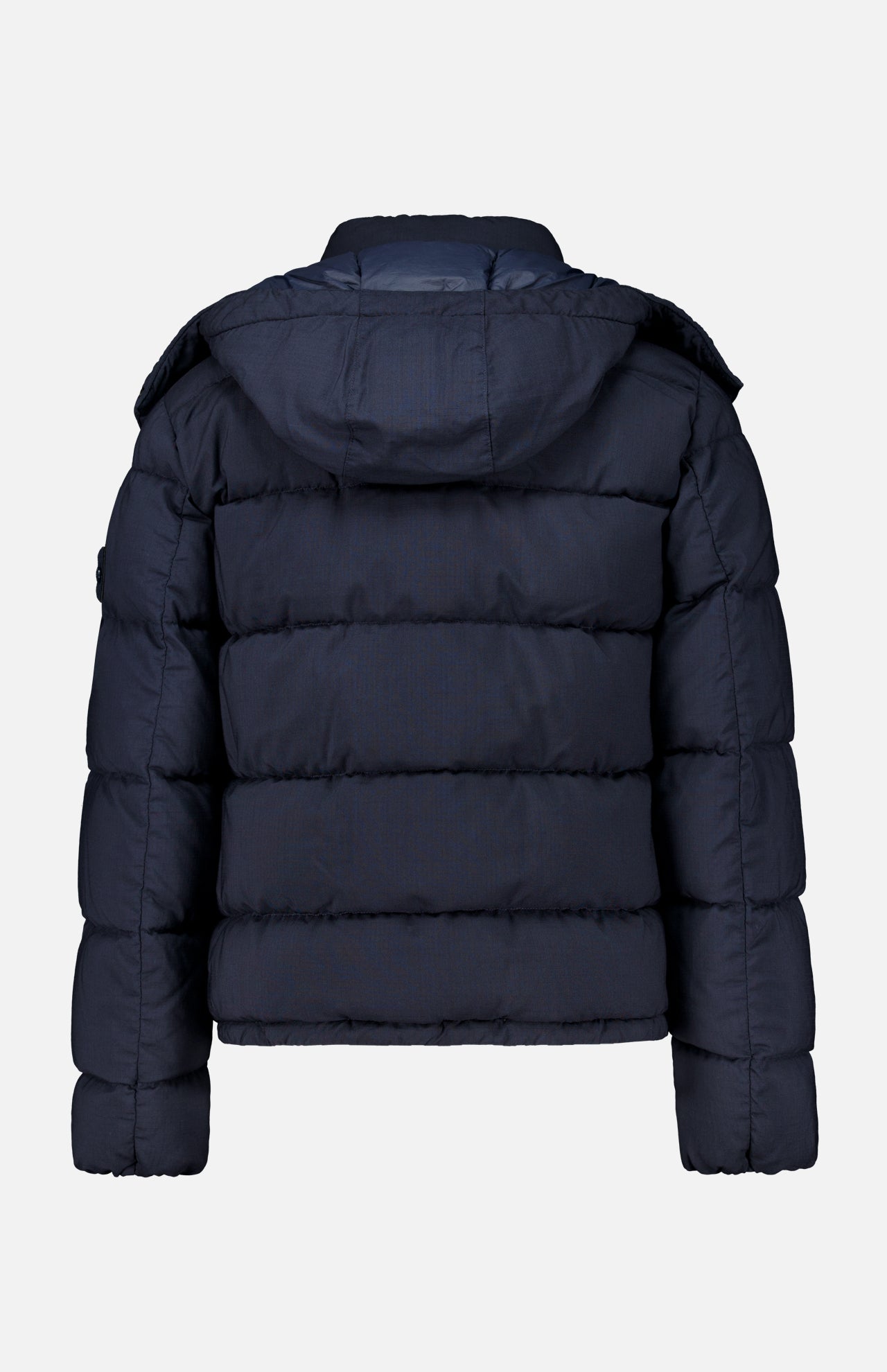 Back view of a monochromatic Stone Island Ghost Hooded Puffer Jacket with a quilted design and a detachable hood.