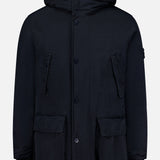 A STONE ISLAND Ghost Hooded Short Parka Coat in black, inspired by men’s sportswear and featuring button and zipper closure, two large front pockets, and two chest pockets, is displayed against a plain light background.