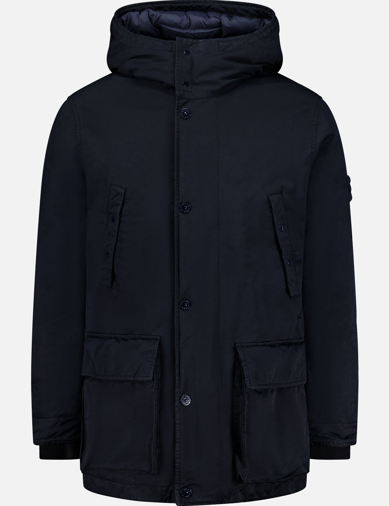 A STONE ISLAND Ghost Hooded Short Parka Coat in black, inspired by men’s sportswear and featuring button and zipper closure, two large front pockets, and two chest pockets, is displayed against a plain light background.