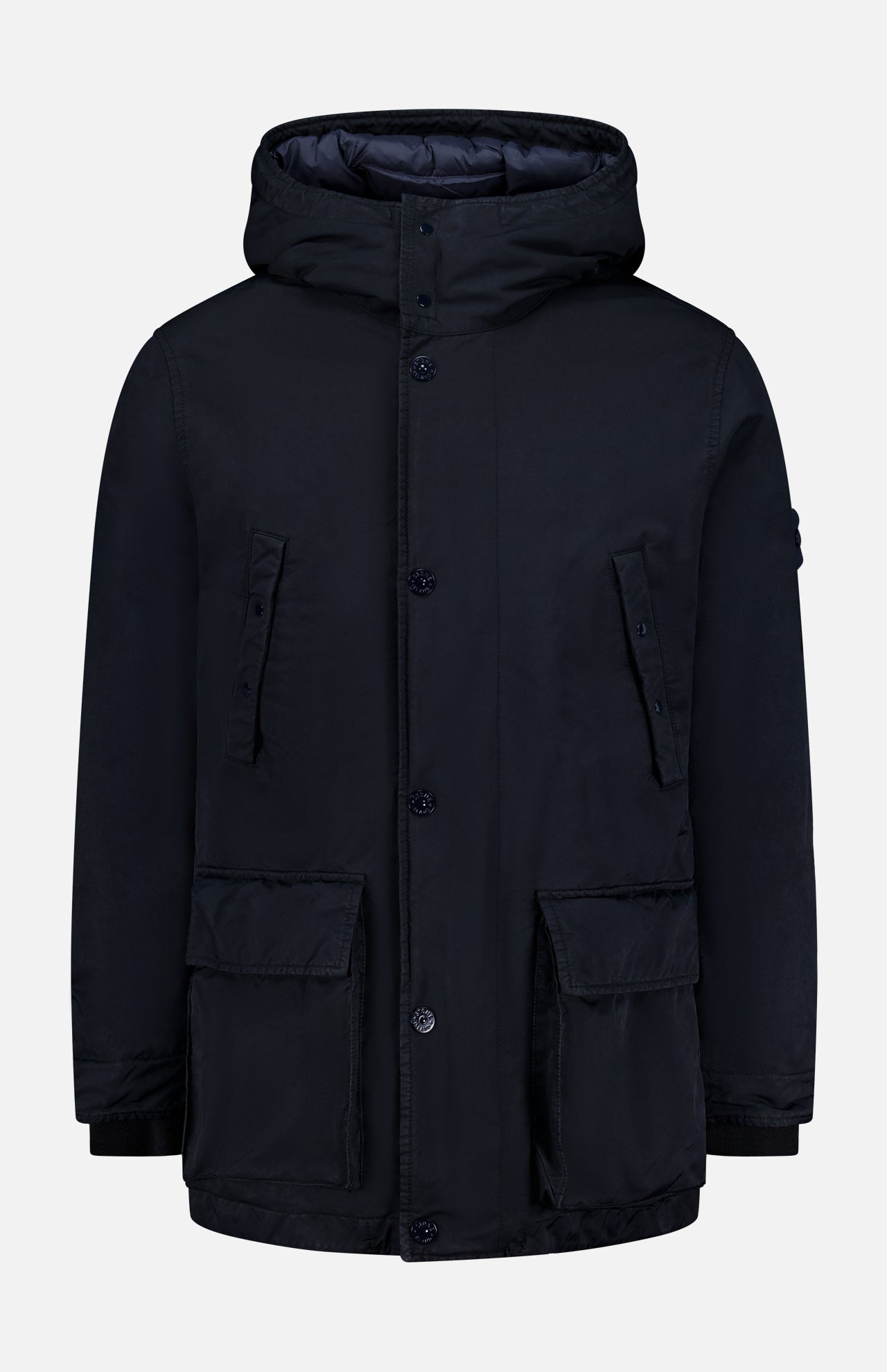 A STONE ISLAND Ghost Hooded Short Parka Coat in black, inspired by men’s sportswear and featuring button and zipper closure, two large front pockets, and two chest pockets, is displayed against a plain light background.