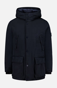 A STONE ISLAND Ghost Hooded Short Parka Coat in black, inspired by men’s sportswear and featuring button and zipper closure, two large front pockets, and two chest pockets, is displayed against a plain light background.