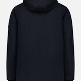 A minimalist black Ghost Hooded Short Parka Coat by STONE ISLAND is shown from the back, highlighting its long sleeves and lightweight construction against a light gray background—an essential men’s sportswear staple for versatile, everyday layering.