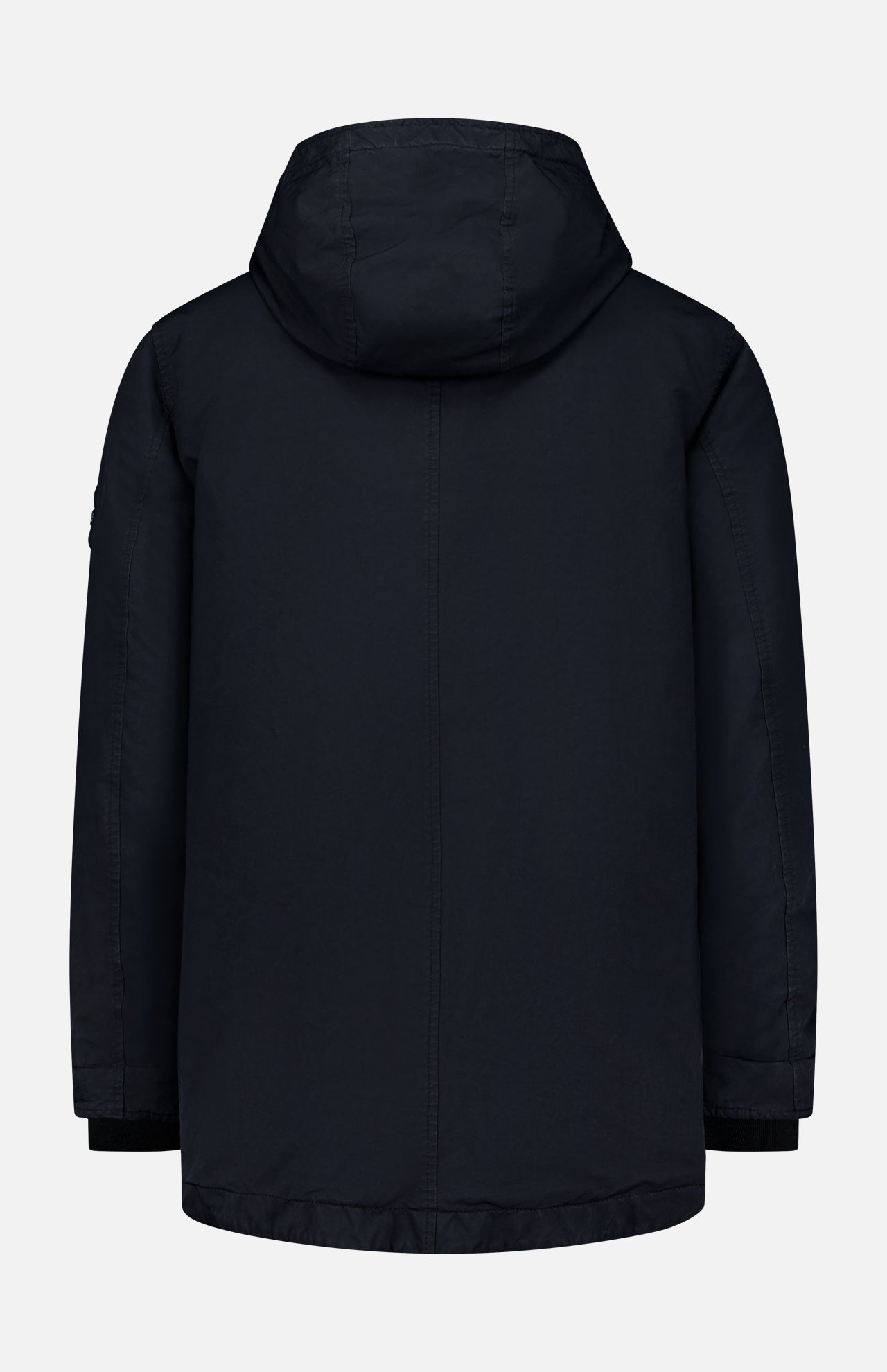 A minimalist black Ghost Hooded Short Parka Coat by STONE ISLAND is shown from the back, highlighting its long sleeves and lightweight construction against a light gray background—an essential men’s sportswear staple for versatile, everyday layering.