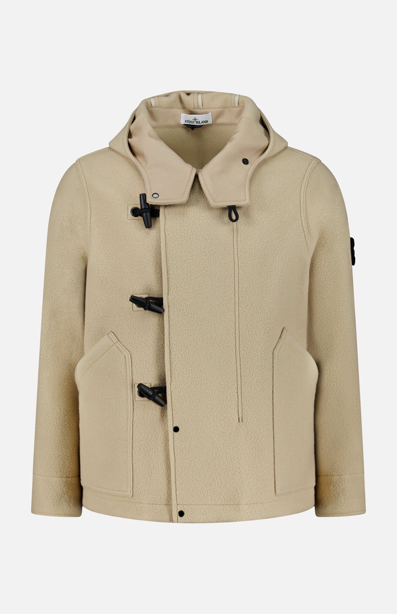 The STONE ISLAND Hooded Toggle Jacket in beige features black toggle closures, front pockets, and a high collar, displayed on a plain white background.
