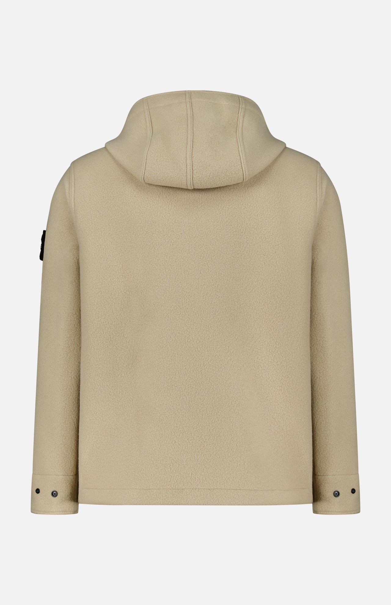 The Hooded Toggle Jacket by STONE ISLAND is presented in beige with a back view, showcasing long sleeves with buttoned cuffs and the signature Stone Island patch on the left sleeve. Made from a soft, fleece-like fabric, this versatile hooded jacket combines comfort with distinctive branding.