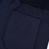 Close-up of the back pocket and waistband of STONE ISLAND Knitwear Drawstring Shorts in dark navy blue, highlighting the cotton-blend fabric’s texture and the stitching details around the pocket and waistband.