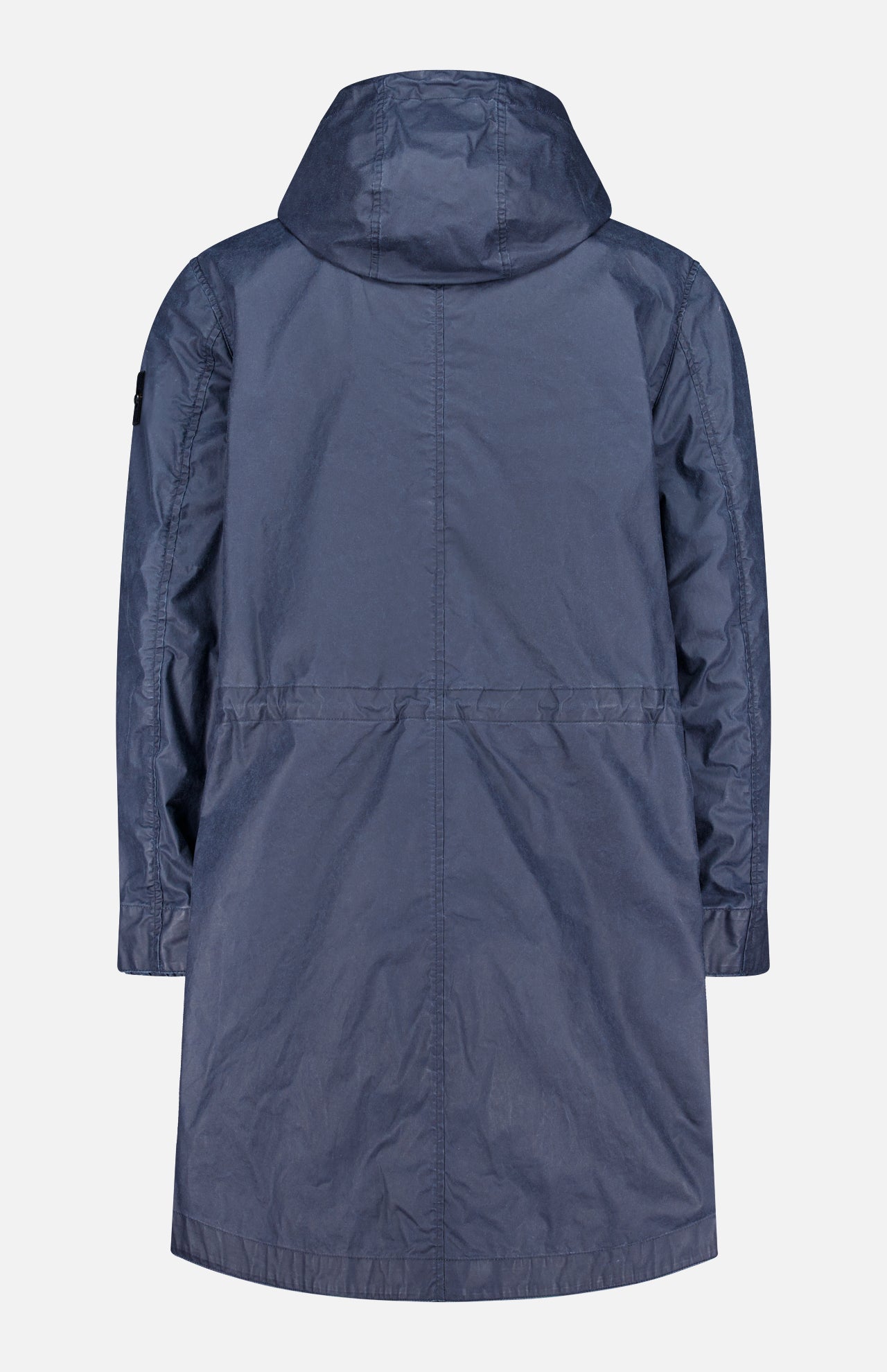 A long, navy blue Stone Island Long Waxed Coating Parka Coat is shown from the back, featuring long sleeves, a relaxed fit, and seam details across the waist and shoulders.