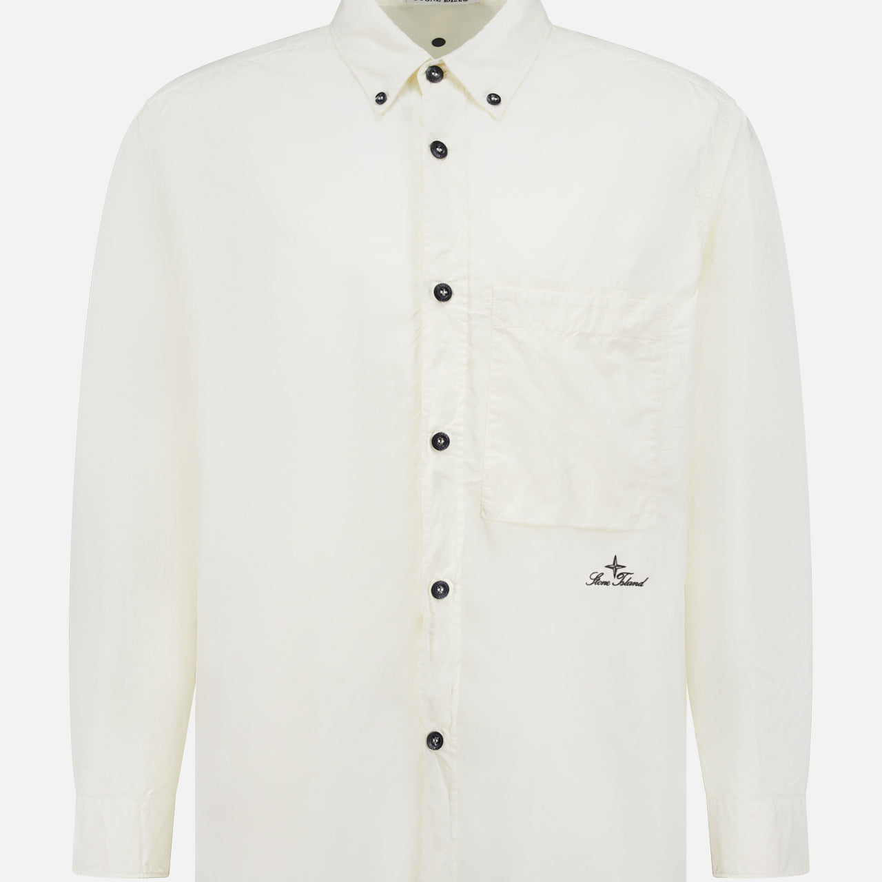 The STONE ISLAND Long Sleeve Pocket Shirt features a crisp off-white shade, collar, black buttons, large chest pocket with a small embroidered logo, and is displayed on a plain white background.