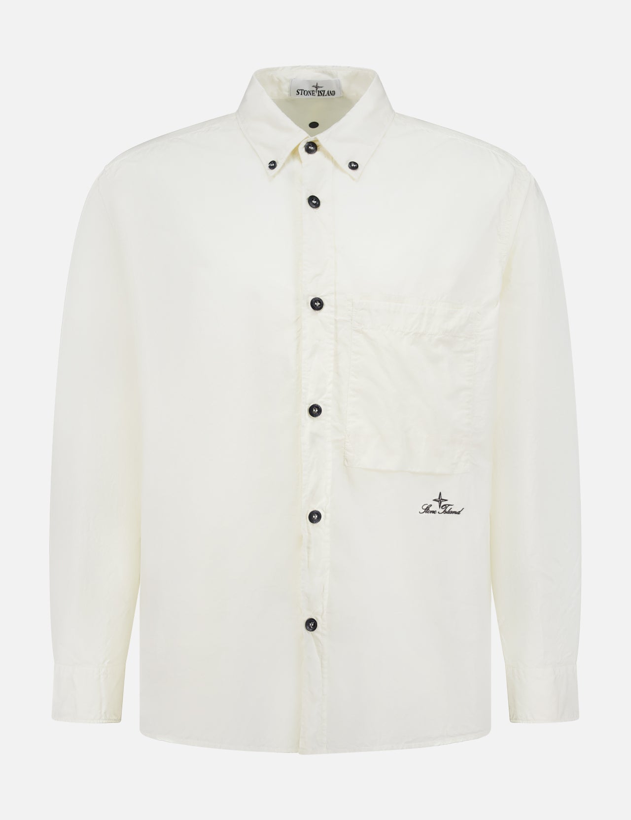 The STONE ISLAND Long Sleeve Pocket Shirt features a crisp off-white shade, collar, black buttons, large chest pocket with a small embroidered logo, and is displayed on a plain white background.