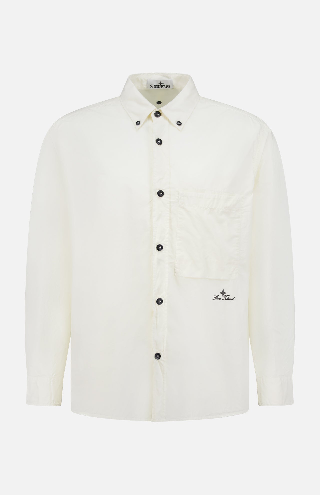 The STONE ISLAND Long Sleeve Pocket Shirt features a crisp off-white shade, collar, black buttons, large chest pocket with a small embroidered logo, and is displayed on a plain white background.