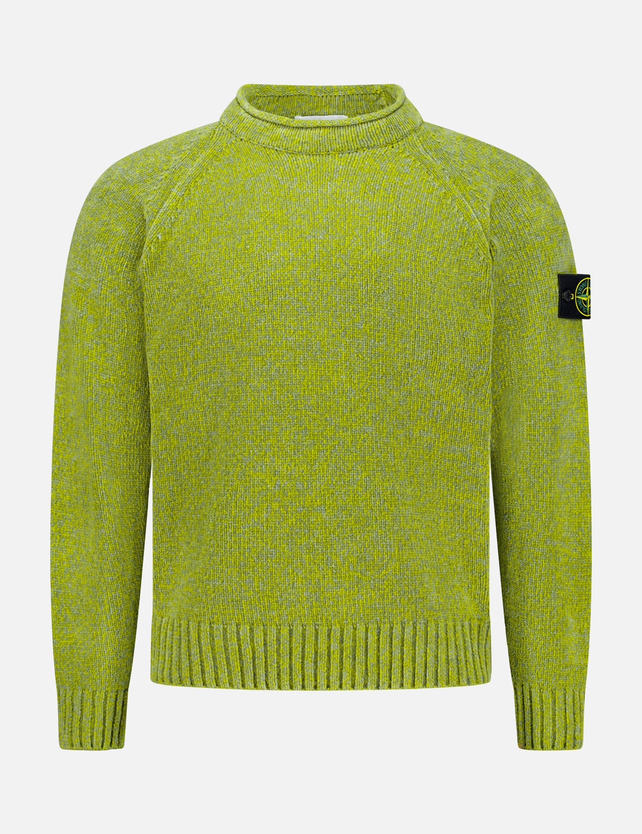 The STONE ISLAND Maglia Speck Crewneck Sweater is a lime green long-sleeve pullover with ribbed cuffs and hem, featuring the iconic black patch with yellow logo on the upper left arm. Displayed against a plain white background, this standout piece combines contemporary sportswear design with signature STONE ISLAND branding.