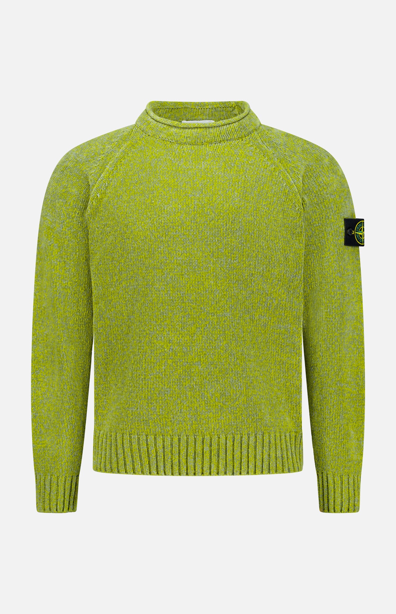 The STONE ISLAND Maglia Speck Crewneck Sweater is a lime green long-sleeve pullover with ribbed cuffs and hem, featuring the iconic black patch with yellow logo on the upper left arm. Displayed against a plain white background, this standout piece combines contemporary sportswear design with signature STONE ISLAND branding.