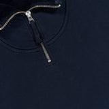 The STONE ISLAND Quarter Zip Sweatshirt in navy blue features a silver zipper and a branded label on the inside collar—an essential sportswear piece that blends comfort with premium design.