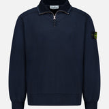 STONE ISLAND Quarter Zip Sweatshirt in navy blue, featuring a stand-up collar, ribbed cuffs and hem, and the signature circular logo patch on the left sleeve—an ideal addition to your casual sportswear wardrobe.