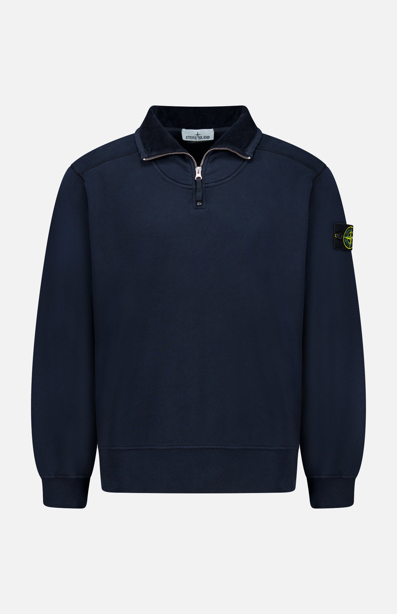 STONE ISLAND Quarter Zip Sweatshirt in navy blue, featuring a stand-up collar, ribbed cuffs and hem, and the signature circular logo patch on the left sleeve—an ideal addition to your casual sportswear wardrobe.