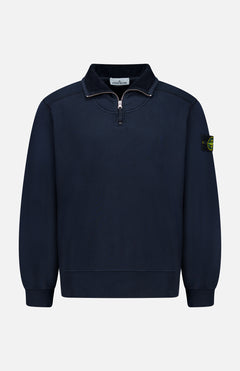 STONE ISLAND Quarter Zip Sweatshirt in navy blue, featuring a stand-up collar, ribbed cuffs and hem, and the signature circular logo patch on the left sleeve—an ideal addition to your casual sportswear wardrobe.