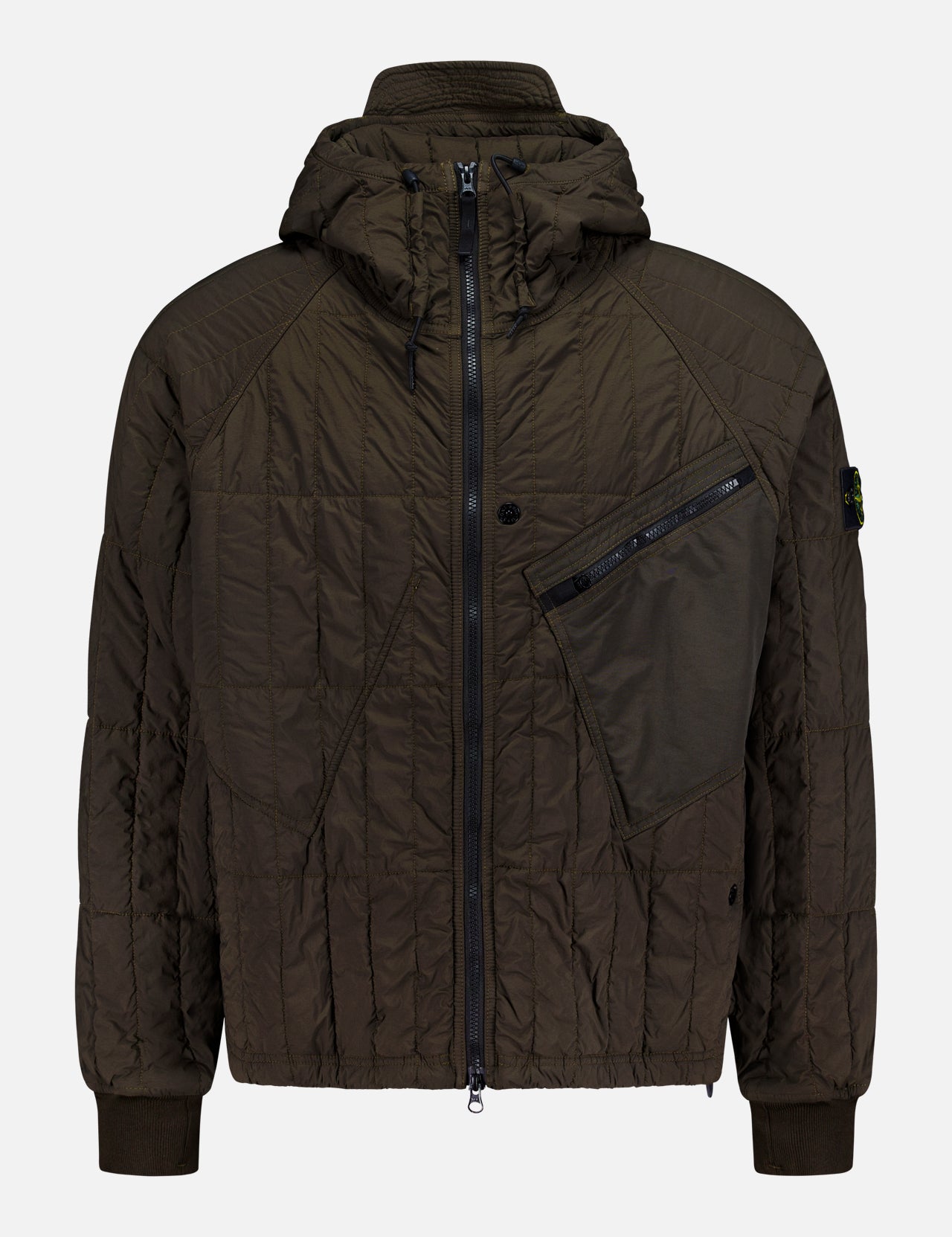 The Quilted Hooded Jacket by STONE ISLAND is crafted from stretch nylon in a dark olive green tone, featuring quilted detailing, a front zipper closure, an angled zippered chest pocket, a hood, ribbed cuffs, and a small logo patch on the left sleeve.