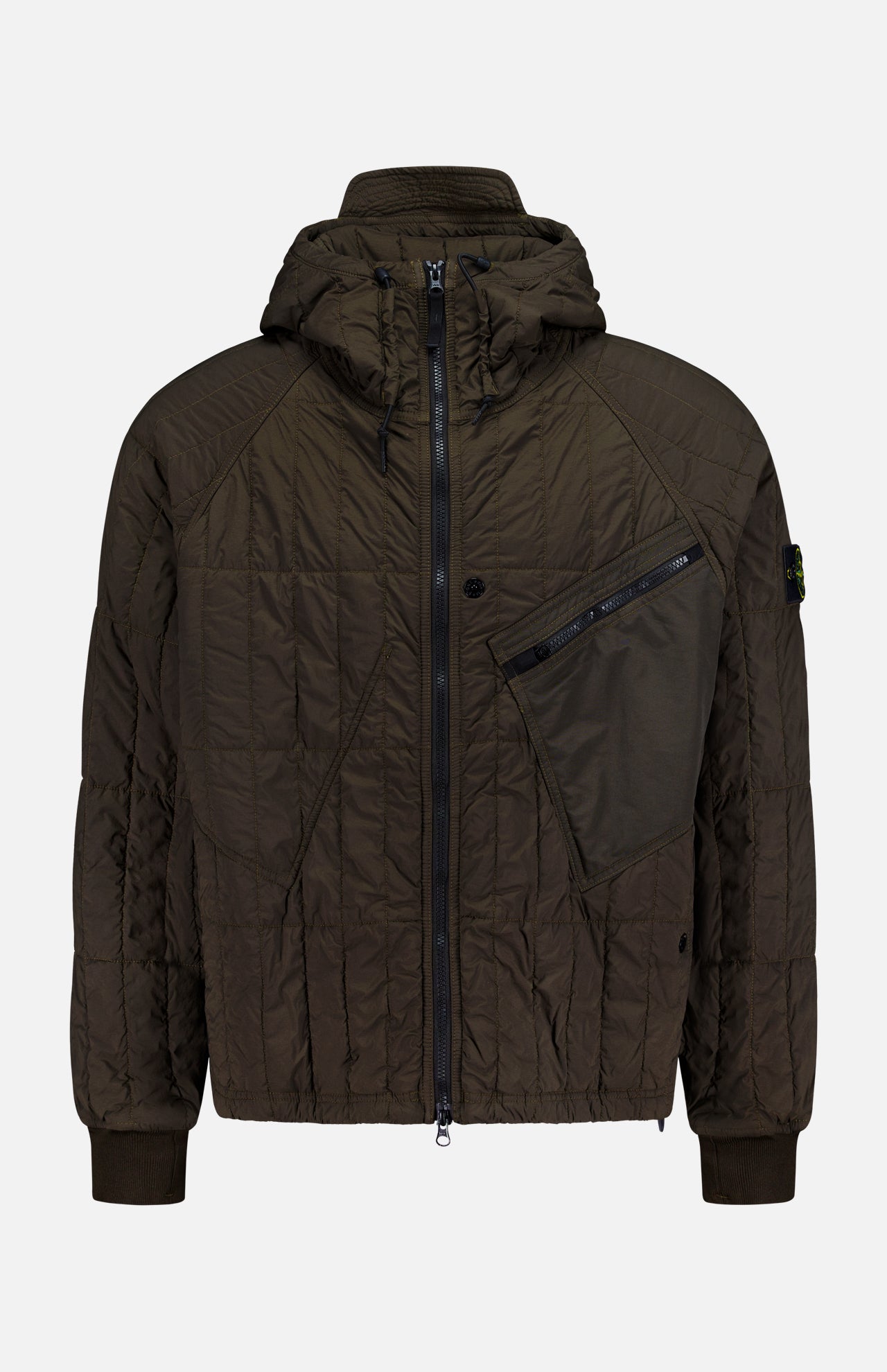 The Quilted Hooded Jacket by STONE ISLAND is crafted from stretch nylon in a dark olive green tone, featuring quilted detailing, a front zipper closure, an angled zippered chest pocket, a hood, ribbed cuffs, and a small logo patch on the left sleeve.