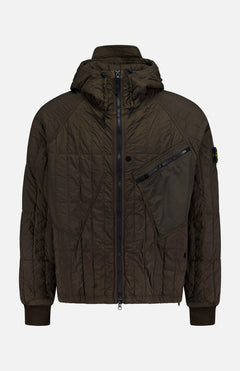 The Quilted Hooded Jacket by STONE ISLAND is crafted from stretch nylon in a dark olive green tone, featuring quilted detailing, a front zipper closure, an angled zippered chest pocket, a hood, ribbed cuffs, and a small logo patch on the left sleeve.