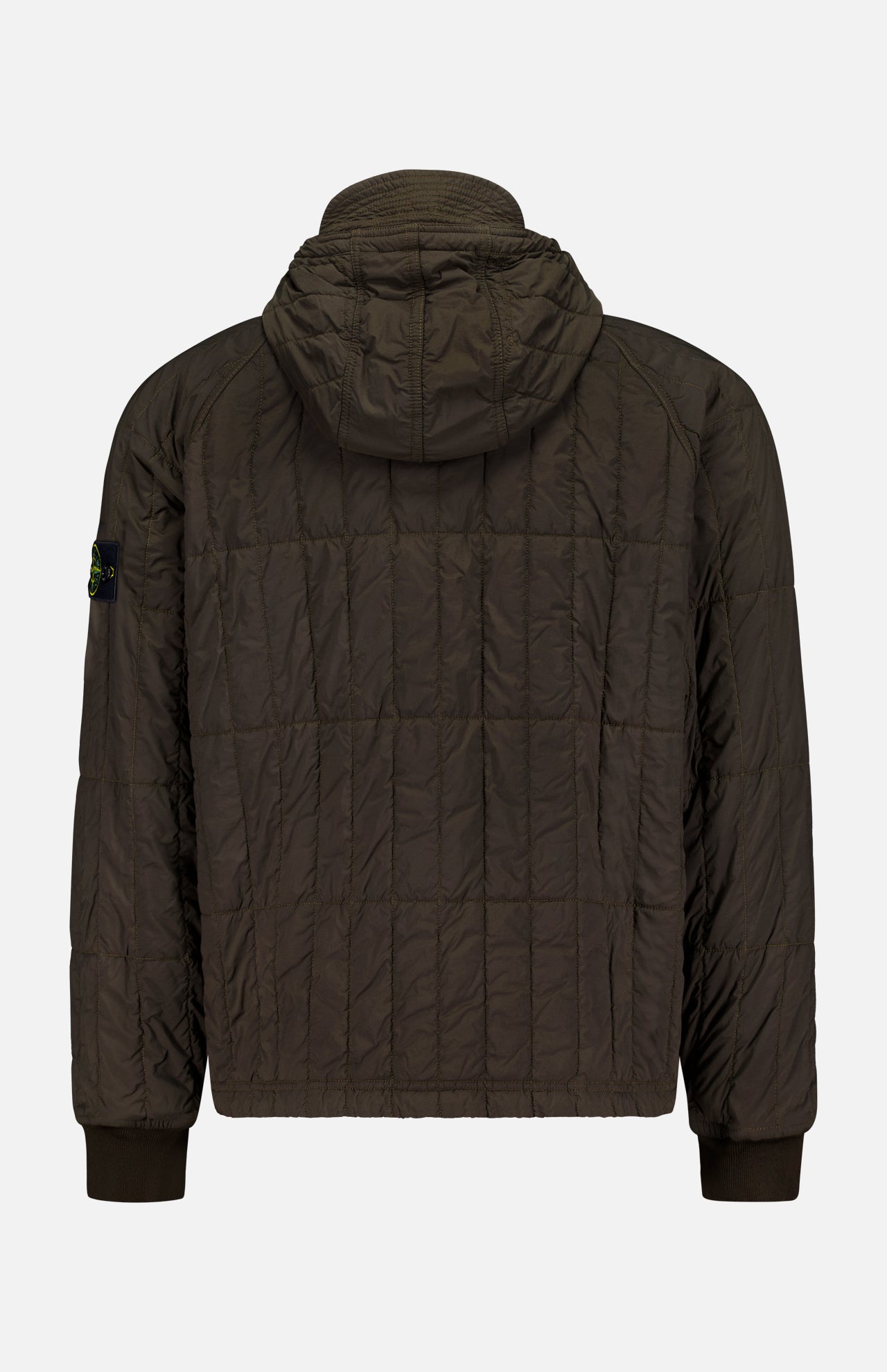 A STONE ISLAND Quilted Hooded Jacket in dark brown, featuring black cuffs, a signature logo patch on the left sleeve, and crafted from stretch nylon, is displayed from the back against a plain white background.