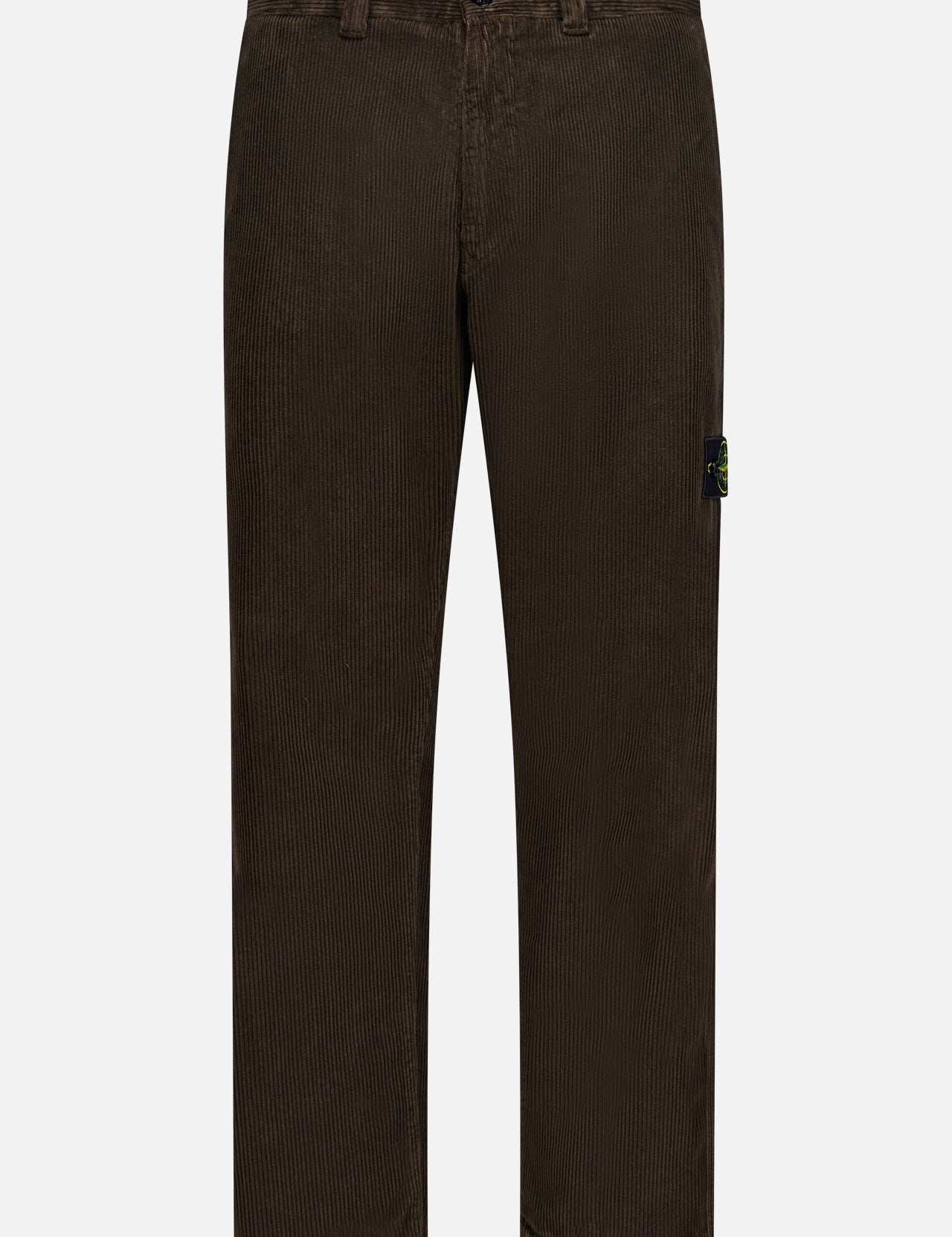 STONE ISLAND Regular-Fit Corduroy Trouser Pants in dark brown feature a straight-leg cut, belt loops, button and zip closure, plus a black patch with the iconic yellow and green logo—ideal for men's designer sportswear fans.