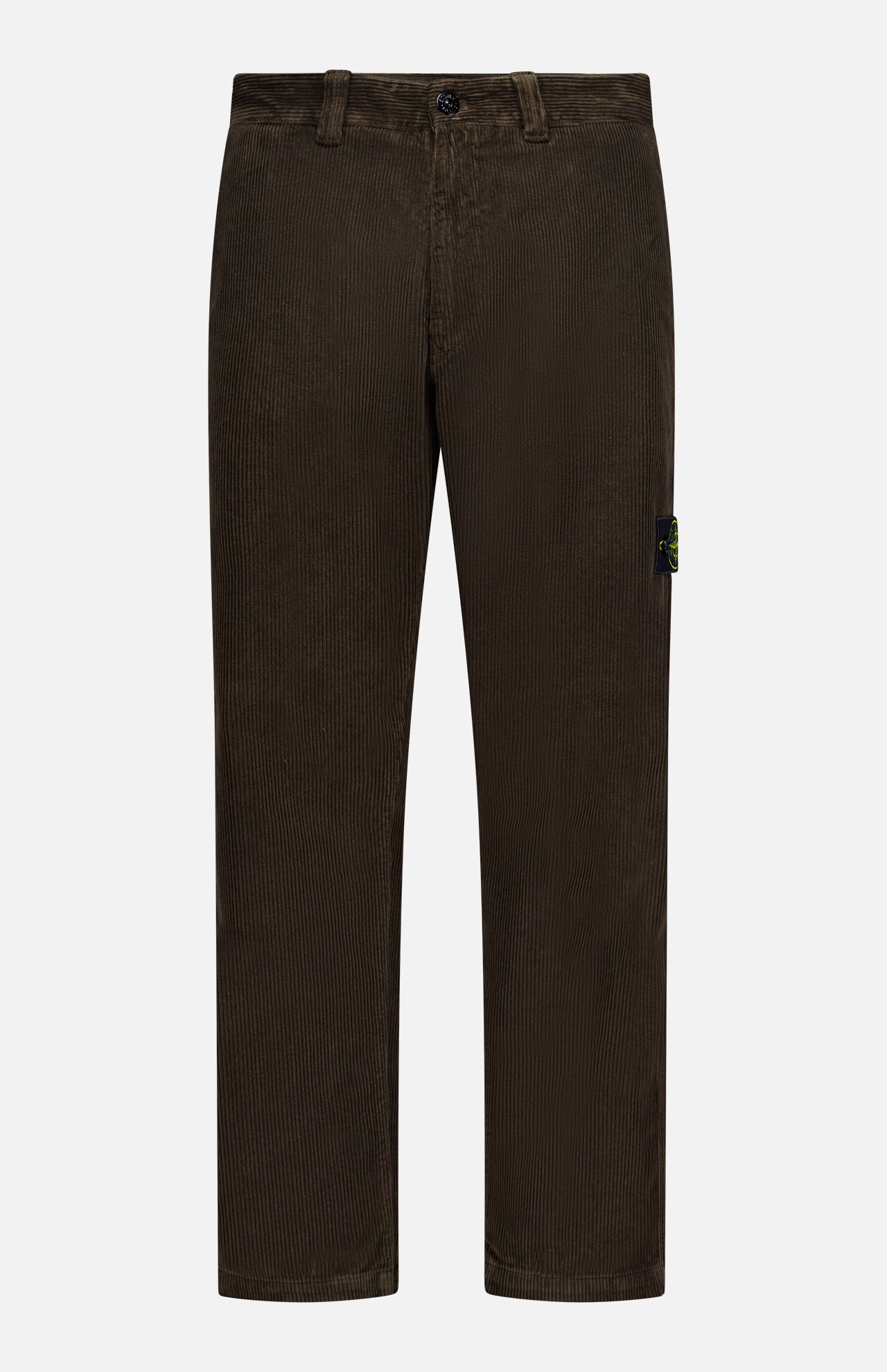STONE ISLAND Regular-Fit Corduroy Trouser Pants in dark brown feature a straight-leg cut, belt loops, button and zip closure, plus a black patch with the iconic yellow and green logo—ideal for men's designer sportswear fans.