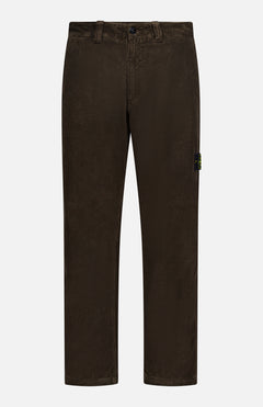 STONE ISLAND Regular-Fit Corduroy Trouser Pants in dark brown feature a straight-leg cut, belt loops, button and zip closure, plus a black patch with the iconic yellow and green logo—ideal for men's designer sportswear fans.